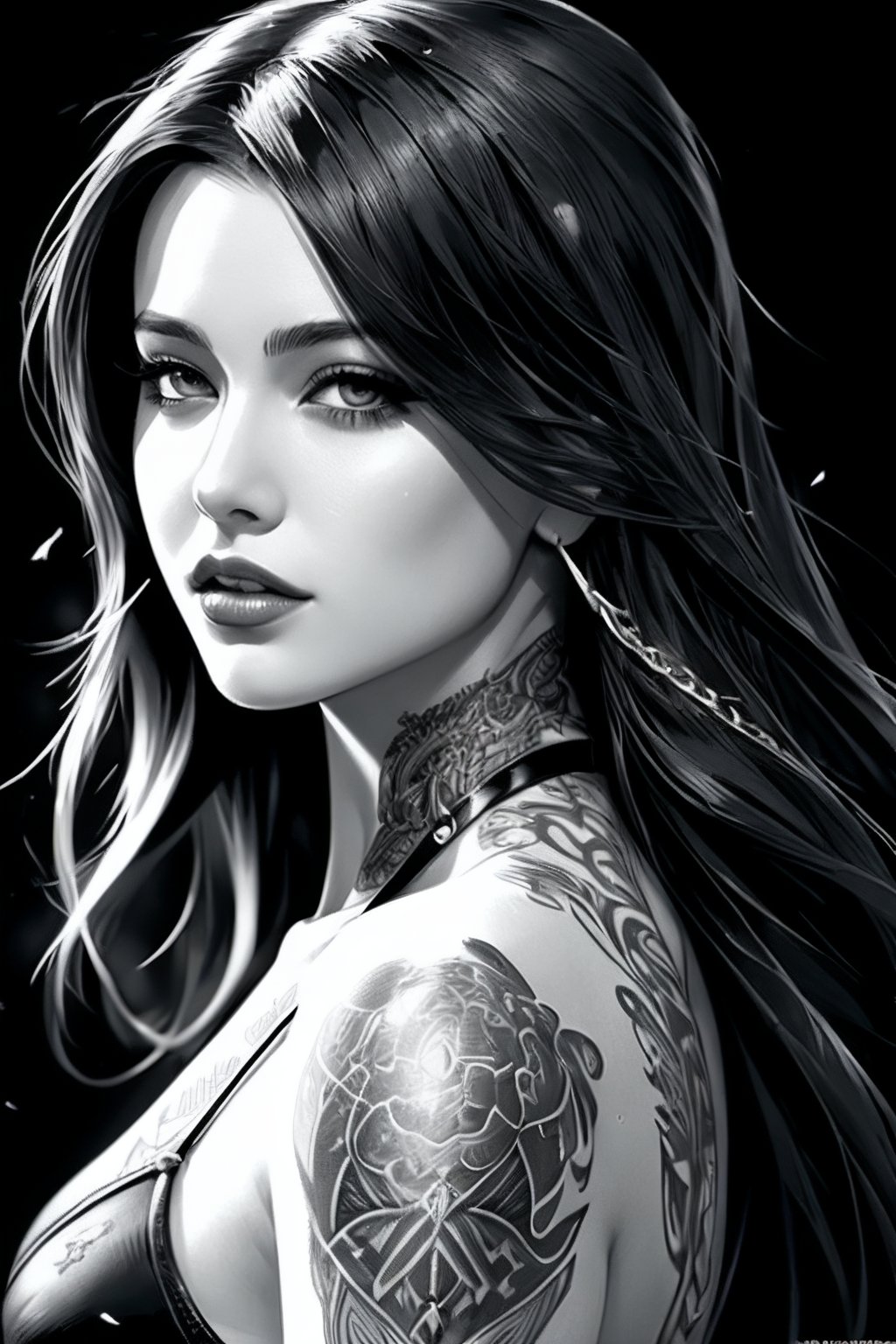 female, fantasy, beauty, in the style of noir comic art, realistic hyper-detailed portraits, tattoo, black and white grayscale, chicano art, realistic yet romantic, flowing lines --ar 23:36 --stylize 750 --v 6