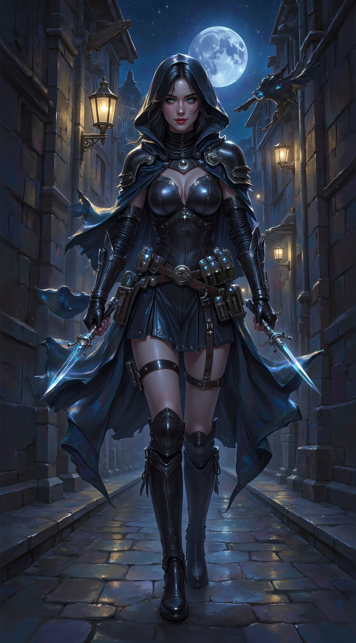 In the shadows of a moonlit alley,  a female rogue slips silently between pools of light,  her form barely more than a whi...