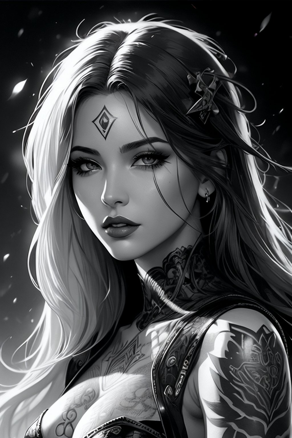 female, fantasy, beauty, in the style of noir comic art, realistic hyper-detailed portraits, tattoo, black and white grayscale, chicano art, realistic yet romantic, flowing lines --ar 23:36 --stylize 750 --v 6