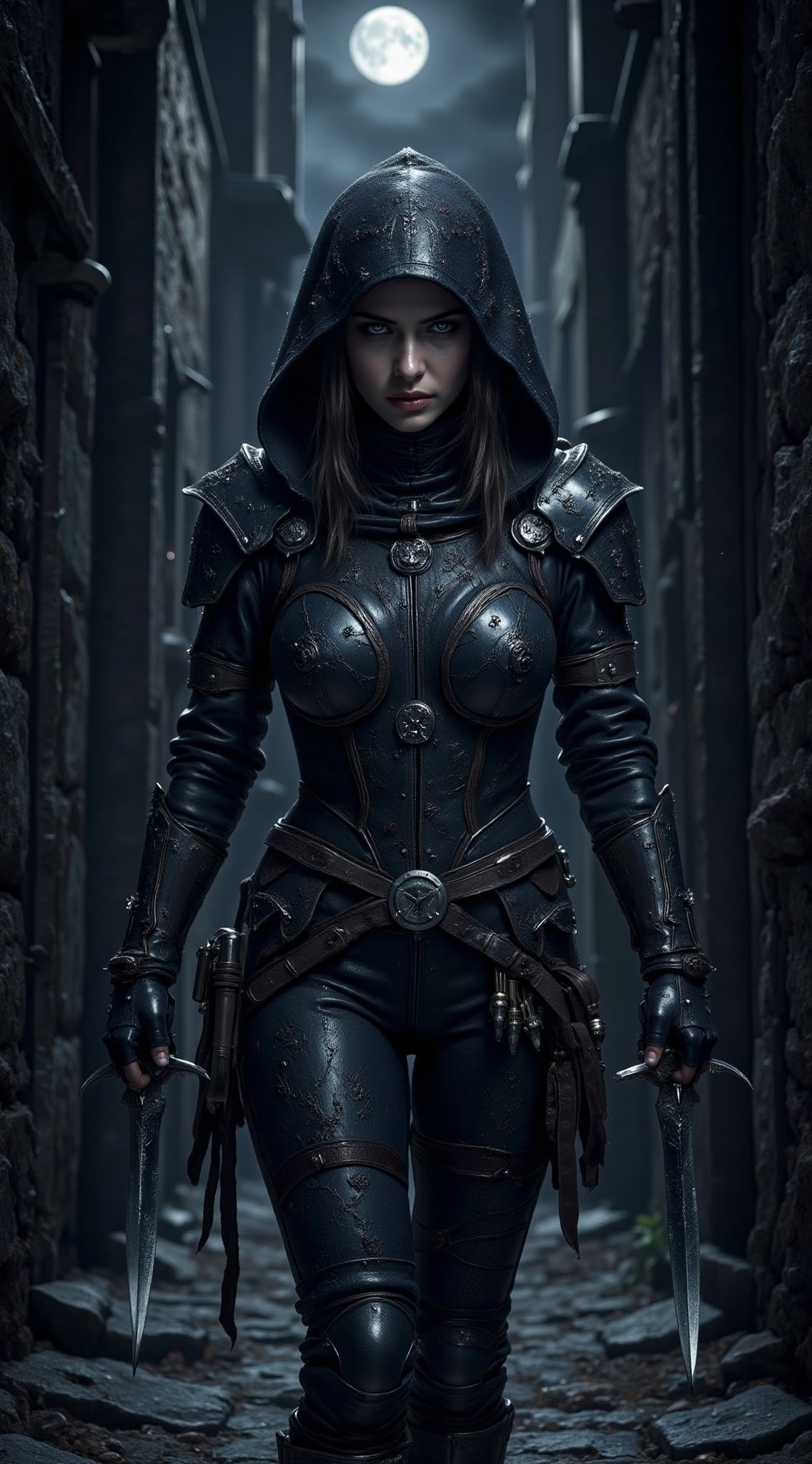 In the shadows of a moonlit alley,  a female rogue slips silently between pools of light,  her form barely more than a whi...