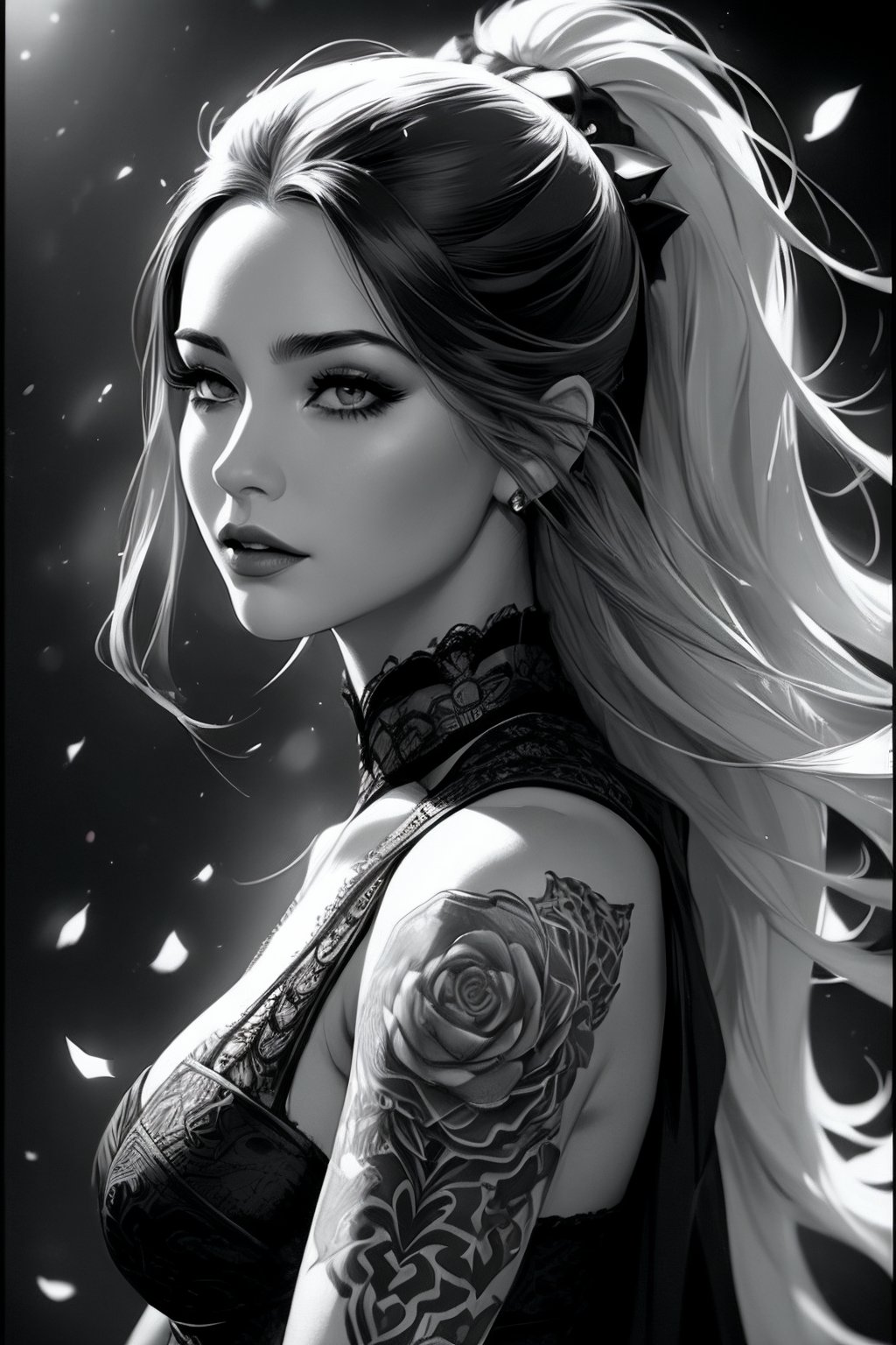 female, fantasy, beauty, in the style of noir comic art, realistic hyper-detailed portraits, tattoo, black and white grayscale, chicano art, realistic yet romantic, flowing lines --ar 23:36 --stylize 750 --v 6