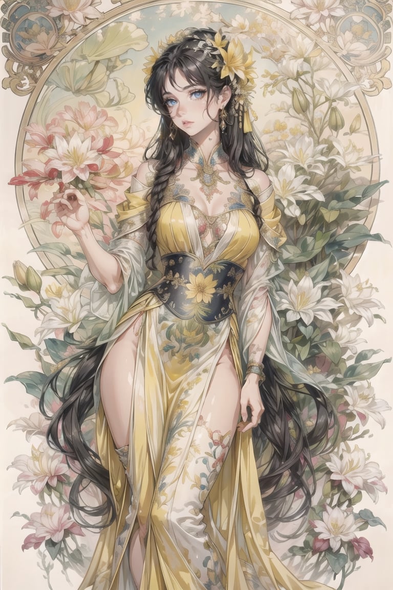 In a serene outdoor setting, a stunning lady with long black hair and a hair flower adorns her locks. Her delicate features are framed by ancient Chinese cheongsam clothing, adorned with intricate collarbone details and a subtle scowl. Her eyes, like two shimmering jewels, hold a mixture of disdain and sorrow. The realistic skin texture and detailed hair blend seamlessly into the soft focus background, where a transparent watercolor effect is achieved through the incorporation of a ((yellow lily)). The overall aesthetic is reminiscent of Mucha's art style, with an air of mystique and beauty that transports the viewer to ancient times.