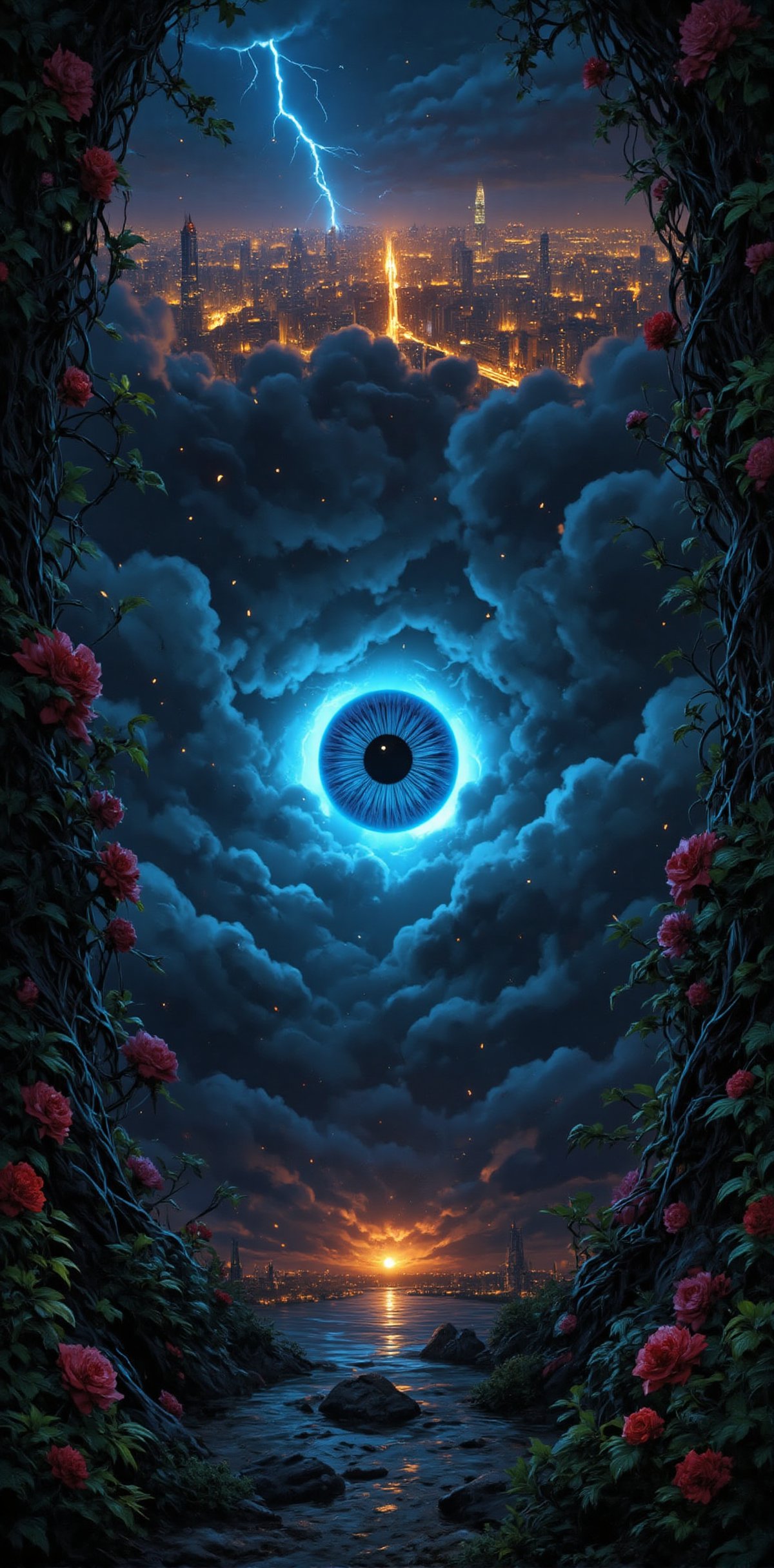 "Ethereal Eye in the Storm": Create a scene with a close-up of a radiant, blue eye emerging from stormy clouds. Surround the eye with intricate vines, adorned with blooming red and pink flowers, and glowing green leaves. In the background, a bustling, golden-lit cityscape emerges from the dark, rolling clouds, while a bolt of lightning cuts through the scene, splitting the sky in half. Small luminous particles float in the air, giving a sense of otherworldly magic. The scene should blend natural and urban elements seamlessly, creating a mystical yet contemporary atmosphere.