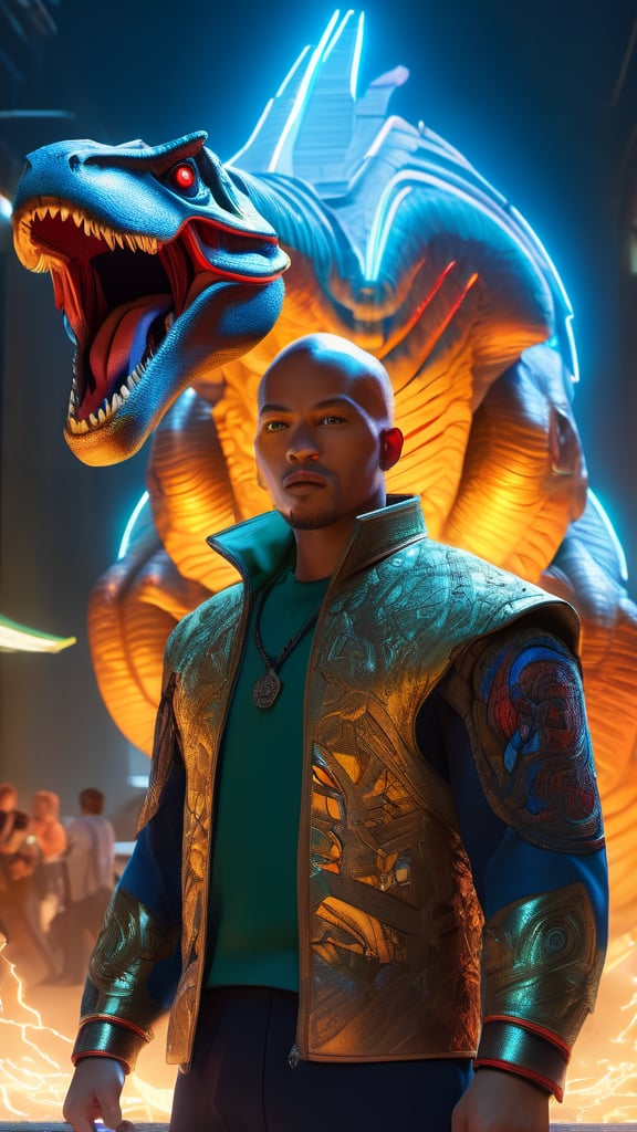 Craft an exquisite,  high-resolution 4K masterpiece Draw a young caramel skin Male with bald Hair Cyber Jurrasic Park with...