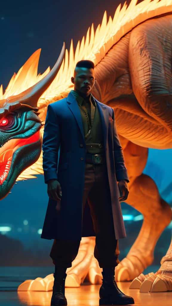 Craft an exquisite,  high-resolution 4K masterpiece Draw a young caramel skin Male with bald Hair Cyber Jurrasic Park with...