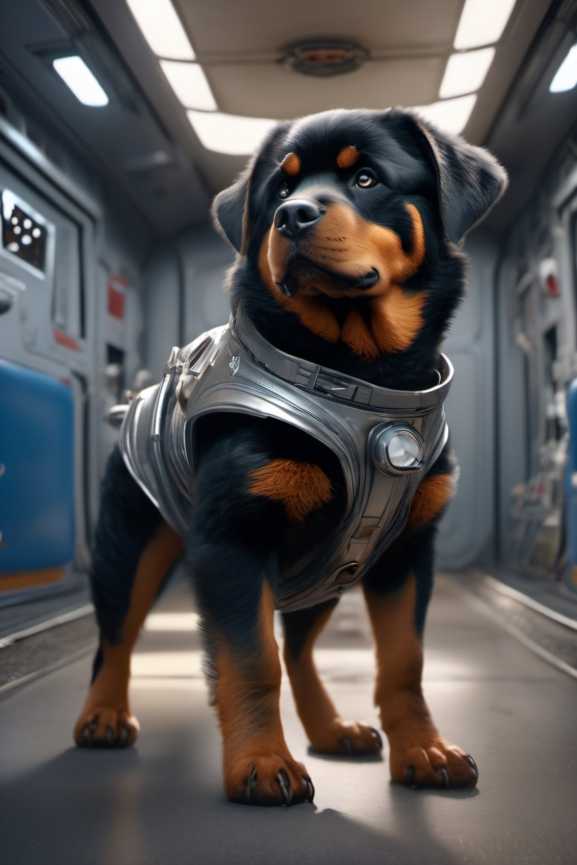 8K, Ultra-HD, Natural Lighting, Moody Lighting, Cinematic Lighting,
detailed,CG,unity,extremely detailed CG,extremely detailed,extremely detailed,Amazing,finely detail,official art,High quality texture,lots of fine detail,movie style, photography, natural textures, natural light, (looking_at_viewer), (frontal view),
solo,cute dog, (ROTTWEILER), (ROTTWEILER dog), full body spacesuit,on stomach,in the space station,