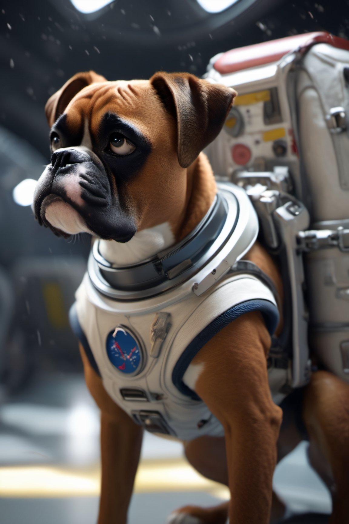 8K, Ultra-HD, Natural Lighting, Moody Lighting, Cinematic Lighting,
detailed,CG,unity,extremely detailed CG,extremely detailed,extremely detailed,Amazing,finely detail,official art,High quality texture,lots of fine detail,movie style, photography, natural textures, natural light, looking_at_viewer, frontal view,
solo,cute dog, boxer, boxer dog, full body spacesuit,on stomach,in the space station,