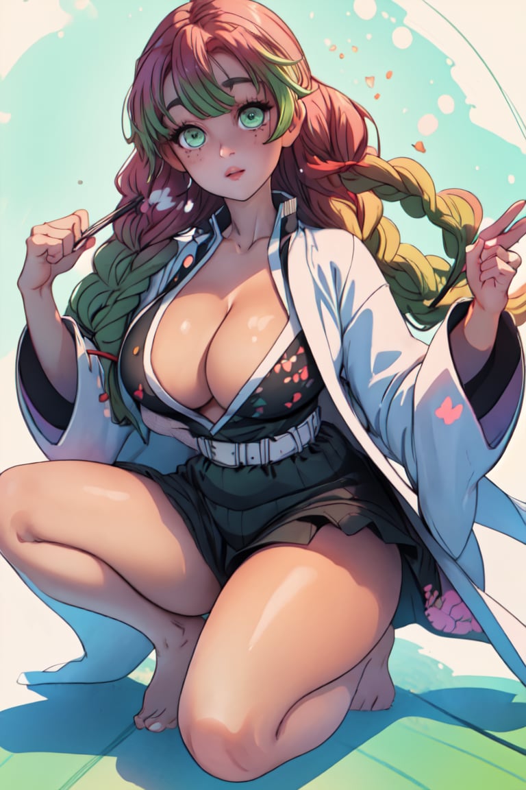 (best quality, masterpiece, ultra quality), 1girl, ((large_breasts)), cleavage, print_yukata, curvy, perfect body, abs, green_eyes, perfecteyes, bare feet, perfet feet, curvy_figure, upper_body, medium_shot, UHD, high_resolution, detailed face, perfect hands, perfect face, perfect eyes, pov_eye_contact, dynamic_pose, japan_background, mitsuri(demon slayer), perfecteyes