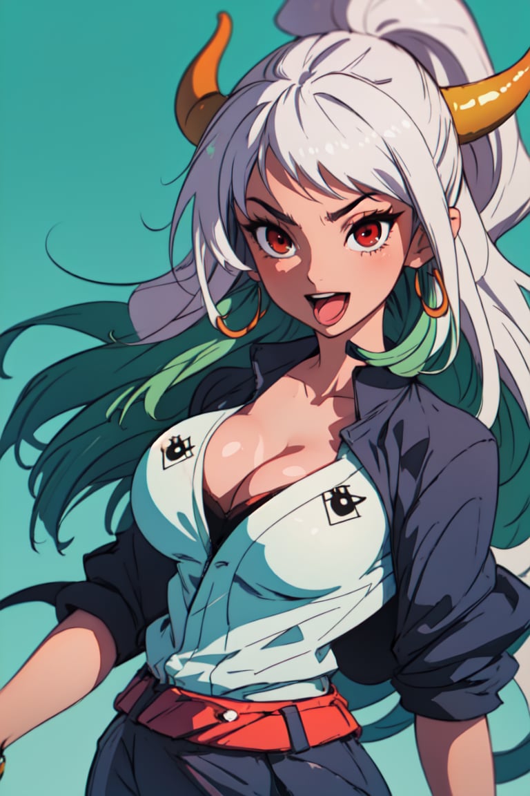 (best quality, masterpiece, ultra quality), 1girl, ((large_breasts)), (sticking_tongue_out), yamato\(one piece\), multicolored hair, white hair, green hair, oni horn, colored horn, long hair, red eyes, full_body, print_yukata, absolute_cleavage, crossed_legs_(standing), UHD, closeup_shot, (upper_body), looking_at_camera, first-person_view, 8K, curvaceous, ((curvy_figure)), abs, chromatic_background, perfecteyes, yamato\(one piece\),