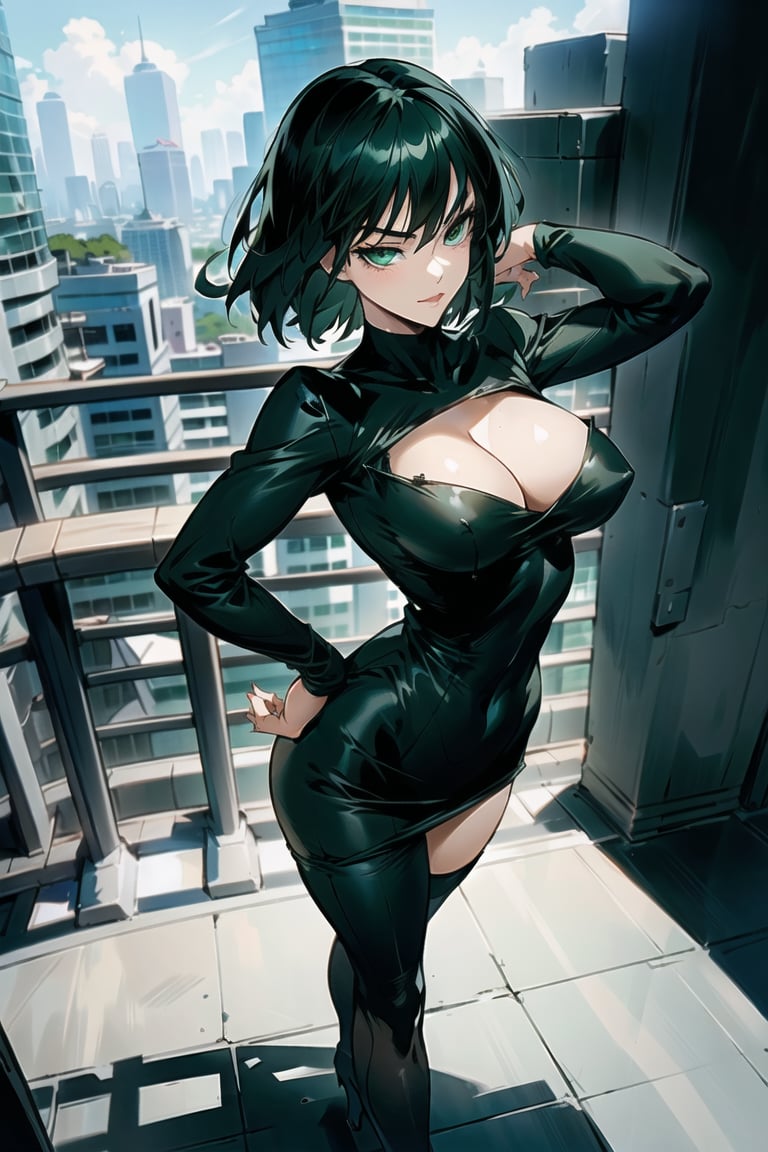 2d, masterpiece, best quality, anime, highly detailed face, highly detailed background, perfect lighting, detailed eyes, green_eyes, black hair, bob_cut, bobbed_hair, (full_body), sexy pose, picture, realistic_photo, (medium full shot), (cowboy_shot), curvy_figure, curvy_hips, erotic pose, seductive_pose, seductive, cleavage cutout, clevage, standing_up, ,landscape, city_background, hands_above_head, short dress, ((fubuki(one punch man))), (panty_hose), leather_outfit, close-fitting, fubuki(one punch man)