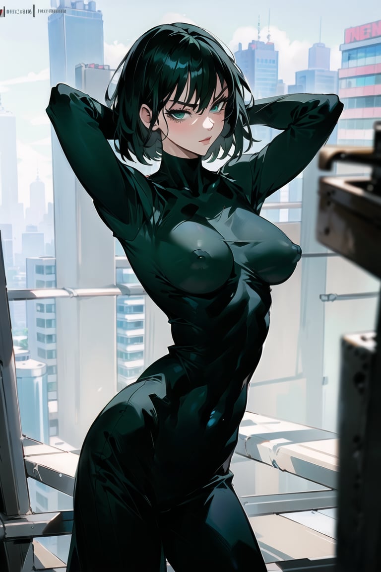 2d, masterpiece, best quality, anime, highly detailed face, highly detailed background, perfect lighting, detailed eyes, green_eyes, black hair, bob_cut, bobbed_hair, (full_body), medium_breasts, sexy pose, (medium full shot), (cowboy_shot), looking_at_viewer, pov, curvy_figure, curvy_hips, erotic pose, seductive_pose, seductive, standing_up, ,landscape, city_background, hands_above_head, top_less, topless_(female), pink_nipples, nipples, transparent_babydoll, red babydoll,babydoll, ((fubuki(one punch man))), close-fitting, fubuki(one punch man)