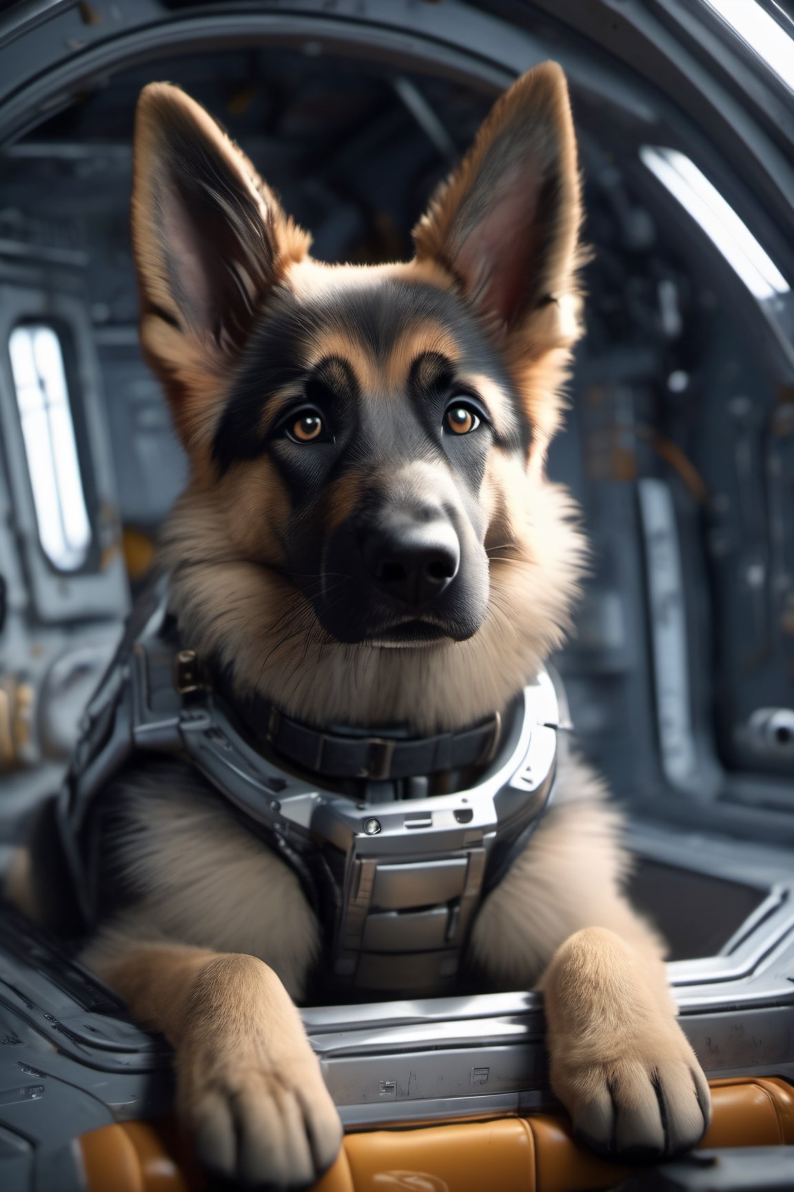 8K, Ultra-HD, Natural Lighting, Moody Lighting, Cinematic Lighting,
detailed,CG,unity,extremely detailed CG,extremely detailed,extremely detailed,Amazing,finely detail,official art,High quality texture,lots of fine detail,movie style, photography, natural textures, natural light, looking_at_viewer, frontal view,
solo,cute dog,German shepherd, German shepherd dog, full body spacesuit,on stomach,in the space station,