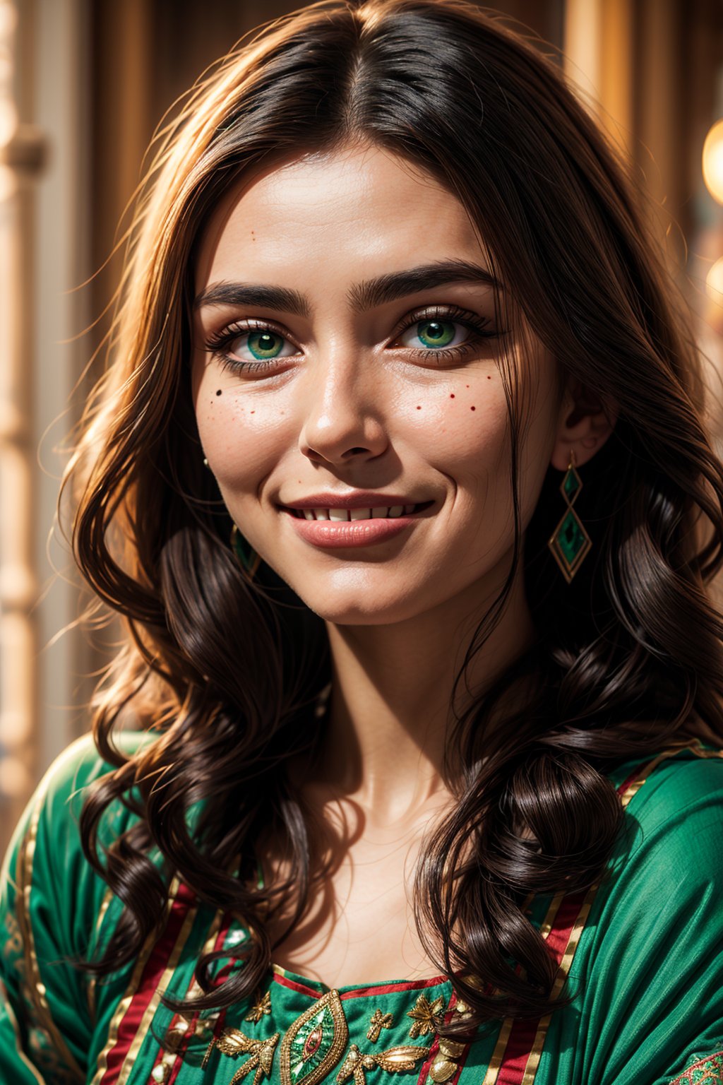 beautiful face native turkish woman, long wavy black hair, emerald eyes healer, traditional_clothing, mole_under_mouth, biting_lips, looking_at_camera, perfect_smile,