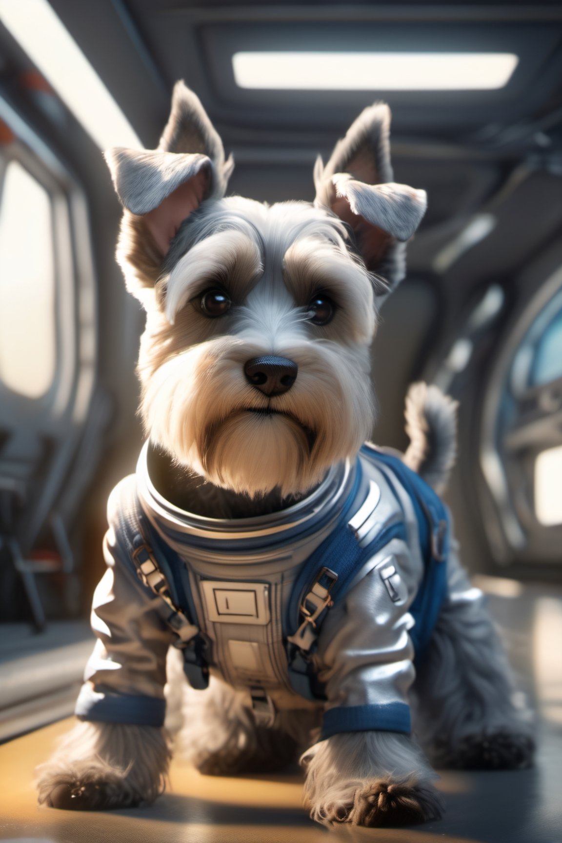 8K, Ultra-HD, Natural Lighting, Moody Lighting, Cinematic Lighting,
detailed,CG,unity,extremely detailed CG,extremely detailed,extremely detailed,Amazing,finely detail,official art,High quality texture,lots of fine detail,movie style, photography, natural textures, natural light, (looking_at_viewer), (frontal view),
solo,cute dog, (schnauzer), (schnauzer dog), full body spacesuit,on stomach,in the space station,