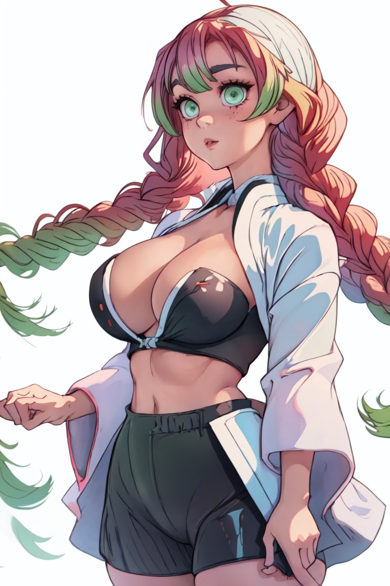 (best quality, masterpiece, ultra quality), 1girl, ((large_breasts)), white_yukata, crop_top, crossed_legs_(standing), curvy, perfect body, green_eyes, perfecteyes, (curvy_figure), curvaceous, full_body, full_shot, UHD, high_resolution, detailed face, perfect hands, perfect face, perfect eyes, frontal_view, looking_at_viewer,  soaking_feet, japan_palace_background, mitsuri(demon slayer), perfecteyes