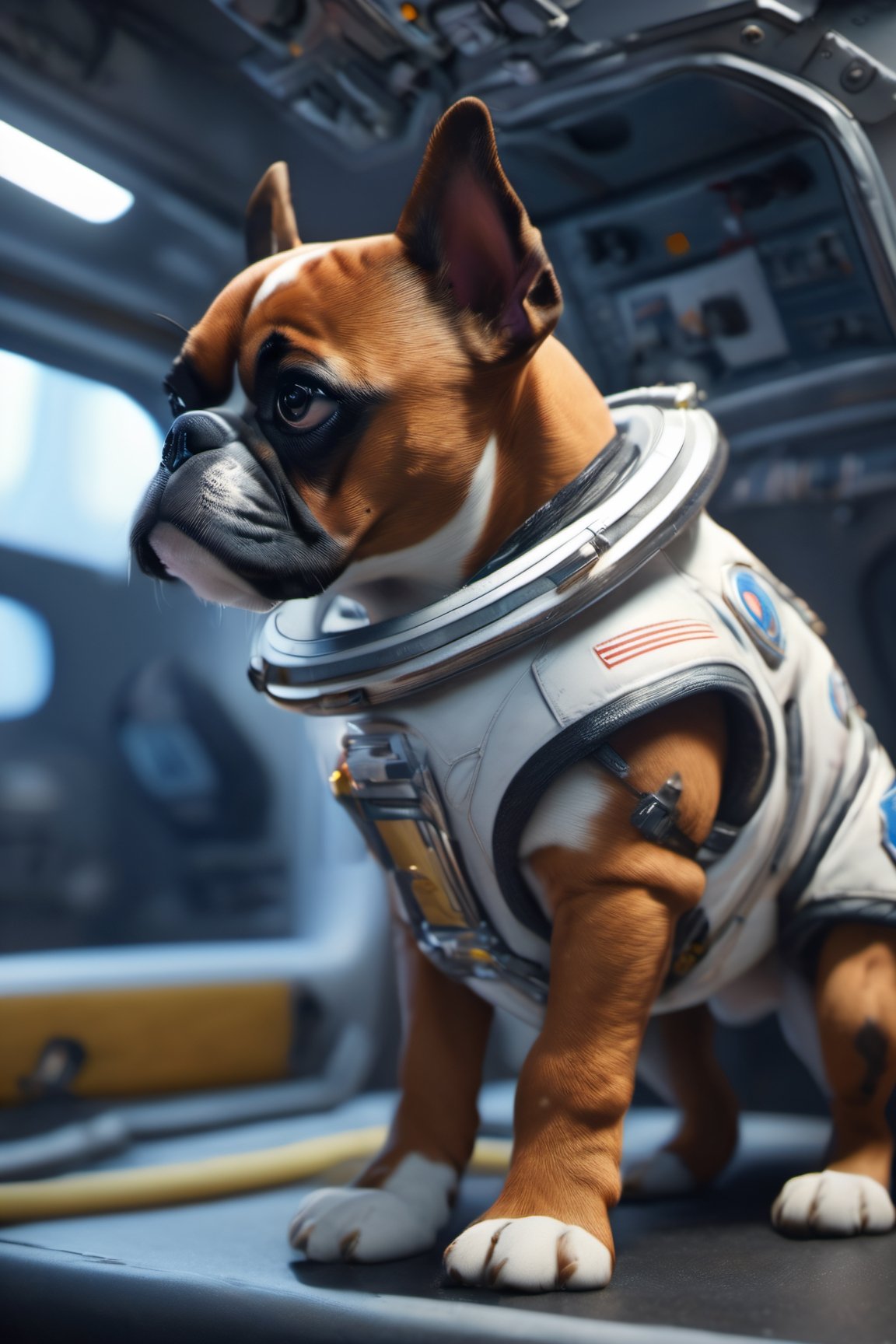 8K, Ultra-HD, Natural Lighting, Moody Lighting, Cinematic Lighting,
detailed,CG,unity,extremely detailed CG,extremely detailed,extremely detailed,Amazing,finely detail,official art,High quality texture,lots of fine detail,movie style, photography, natural textures, natural light,
solo,cute dog, boxer, boxer puppie, full body spacesuit,on stomach,in the space station,