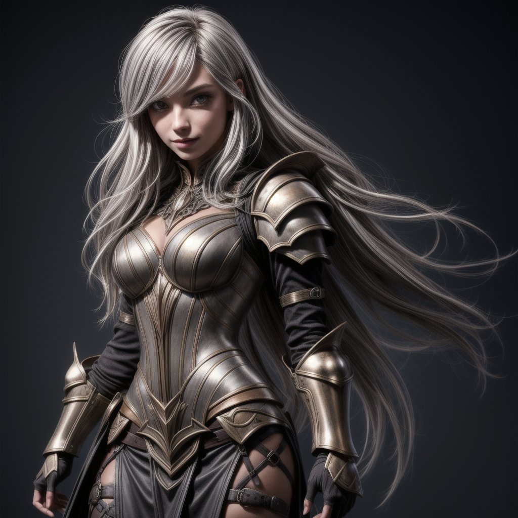 european 1girl,solo,20yo,beautiful face,silver hair, long hair,(braid :0.4),bronze armored with gothic skirt,fantasy,