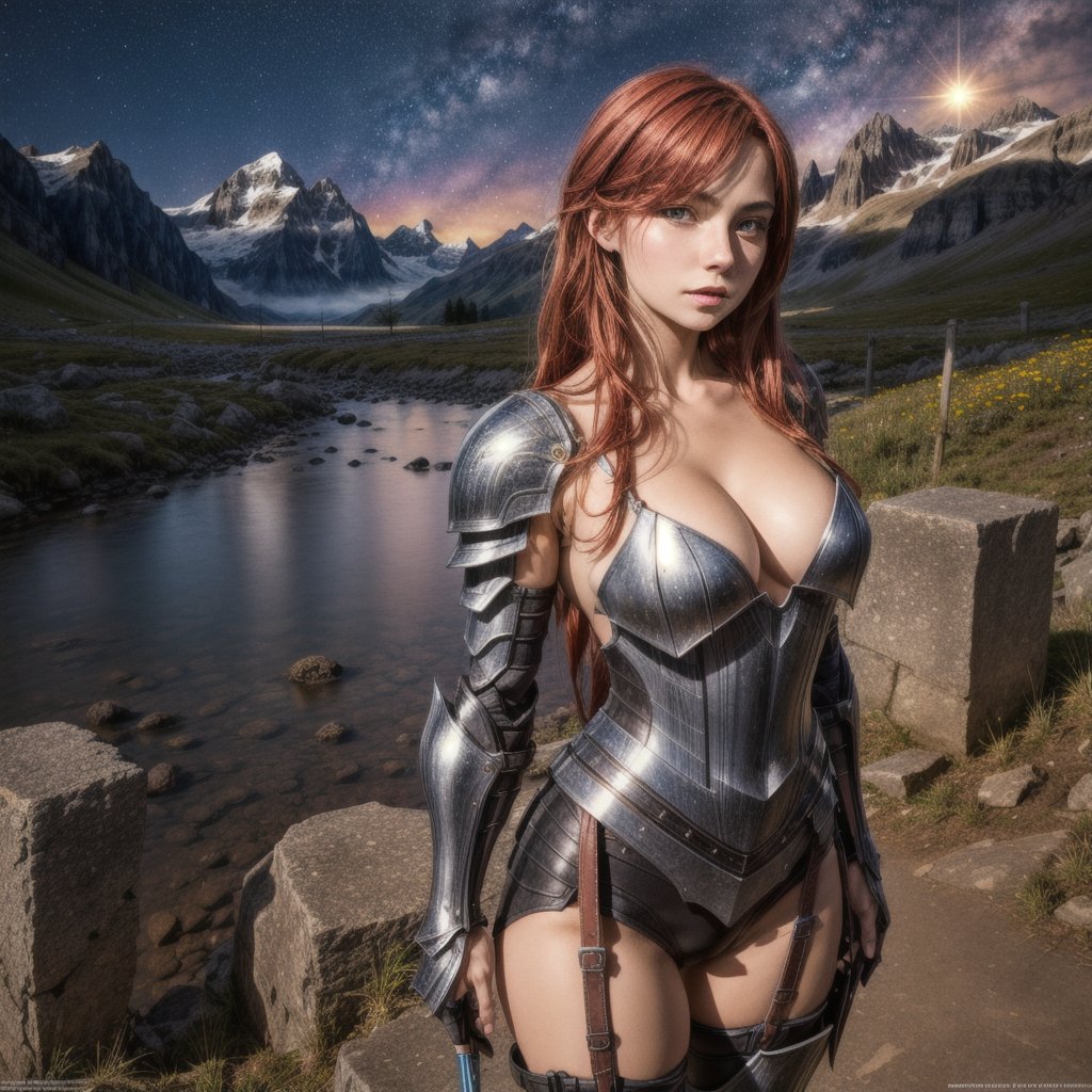 european 1girl,solo,20yo,beautiful face,red hair, long straight hair,(braid :0.4),metalic blue and black armor fitted to the body,  mountains at night background