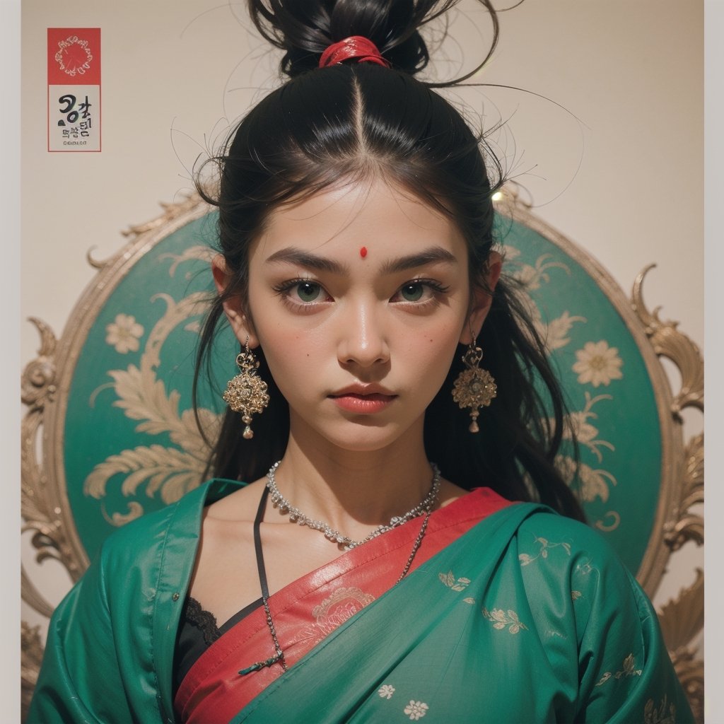 Protrait, photograph, androgynous hunnuman, oval jaw, delicate features, beautiful face, dreadlocked hair, long bangs, long ponytail, bright blue-green eyes, hindu art, Korean,weapon