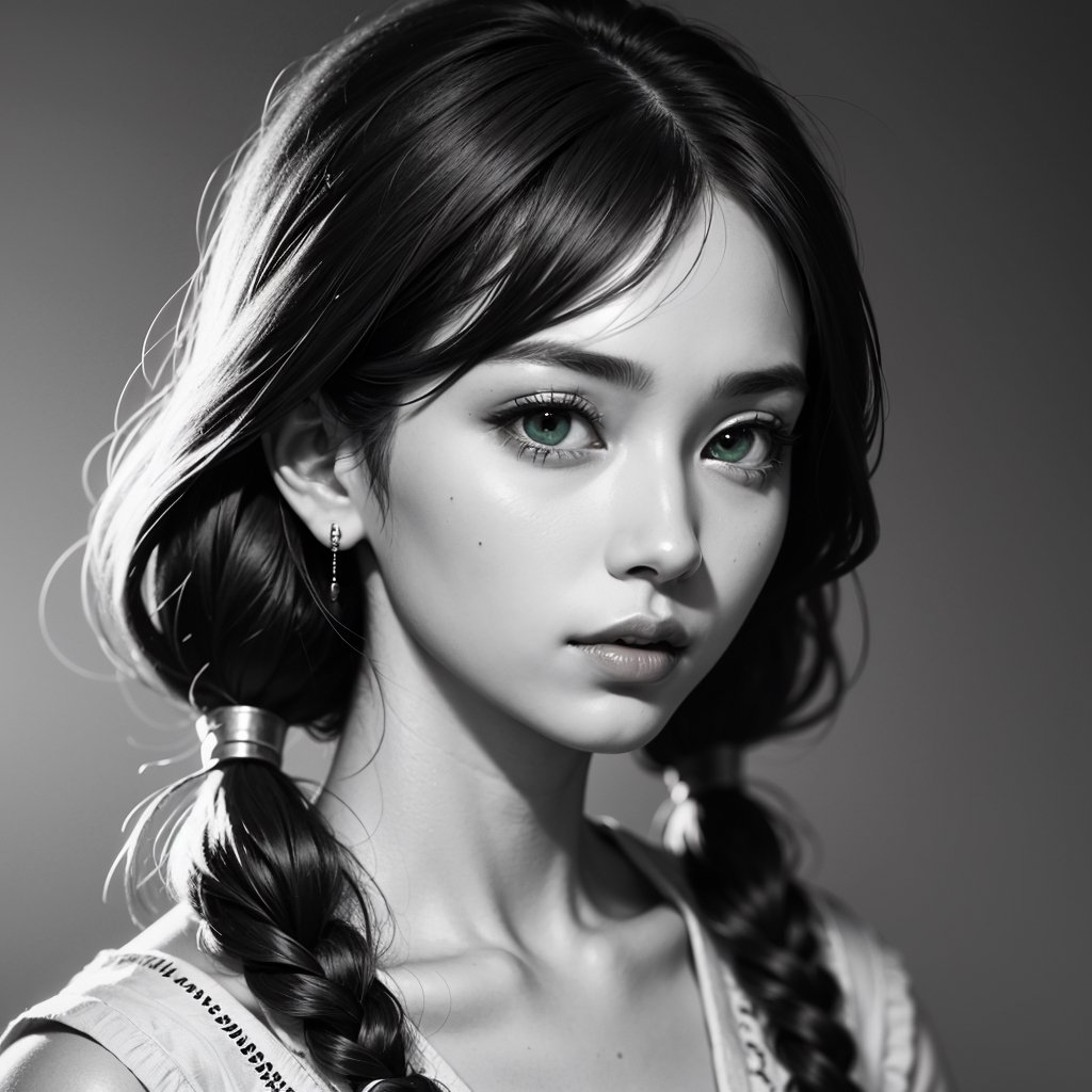 Protrait, photograph, androgynous hunnuman, oval jaw, delicate features, beautiful face, dreadlocked hair, long bangs, long ponytail, bright blue-green eyes, hindu art, Korean,monochrome