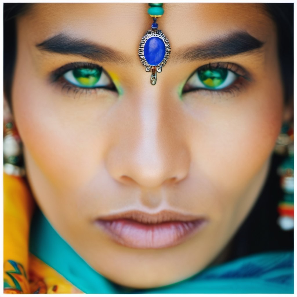 Protrait, photograph, androgynous hunnuman, oval jaw, delicate features, beautiful face, dreadlocked hair, long bangs, long ponytail, bright blue-green eyes, hindu art, Korean,