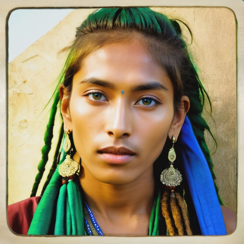 Protrait, photograph, androgynous hunnuman, oval jaw, delicate features, beautiful face, dreadlocked hair, long bangs, long ponytail, bright blue-green eyes, hindu art, Korean,