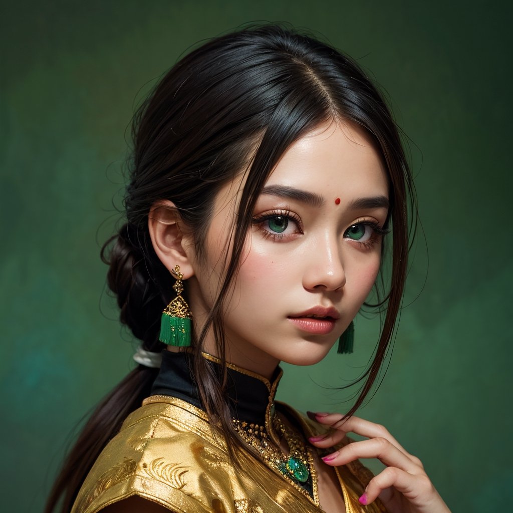 Protrait, photograph, androgynous hunnuman, oval jaw, delicate features, beautiful face, dreadlocked hair, long bangs, long ponytail, bright blue-green eyes, hindu art, Korean,