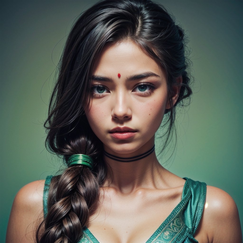 Protrait, photograph, androgynous hunnuman, oval jaw, delicate features, beautiful face, dreadlocked hair, long bangs, long ponytail, bright blue-green eyes, hindu art, Korean,weapon