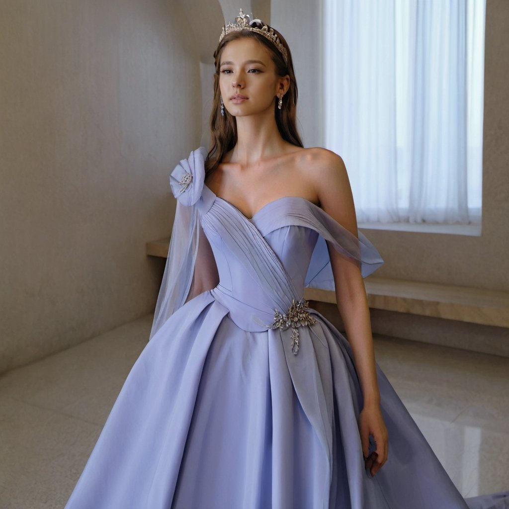 masterpiece,  2_girls, 22 years old, Look at me, Exquisite makeup, Tea hair, Long hair, Blue wedding dress, Wipe the chest, Indoor, Exquisite decoration, Bright light, Stand, In the middle of the picture, Close-up, with tiaras 