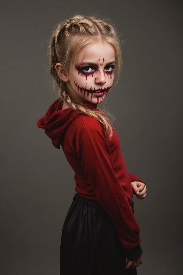 HALLOWEEN MAKEUP, young br1tn3y girl, blond hair braided. standing looking back, portrait, She is wearing Halloween-themed clothing and makeup and looks scary, She pulls a scary face to the viewer.