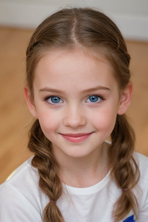 (8k, masterpiece, best quality, high res), little girl, long hair, ((hair pulled back hairstyles)), pale blue eyes, , brown hair with blue steaks,  smile,(closed mouth:1.2) , delicate eyes, delicate face, hair accessories,focus, portrait, 7-year-old-tween