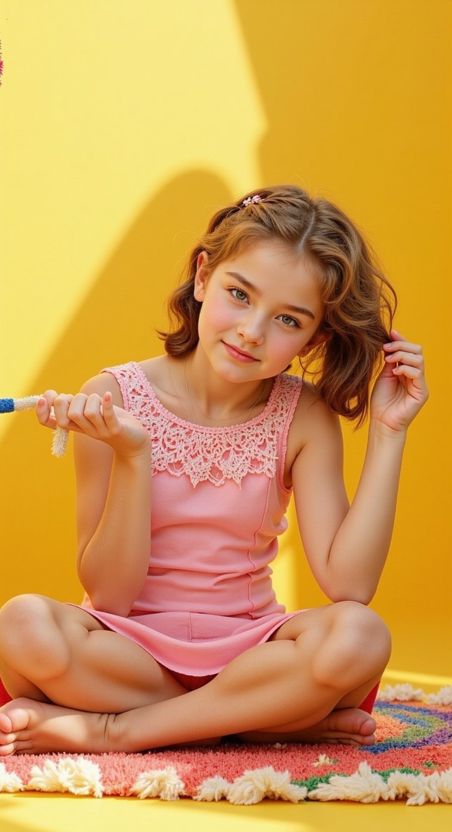 A tween girl posing playfully, her fitted dress accentuating a cheeky charm. Framed against a bright, sunny background with soft, golden lighting casting a warm glow. She sits cross-legged on a colorful rug, one hand holding a stuffed animal, the other playing with her curly locks. A mischievous grin spreads across her face, and her eyes sparkle with youthful energy.