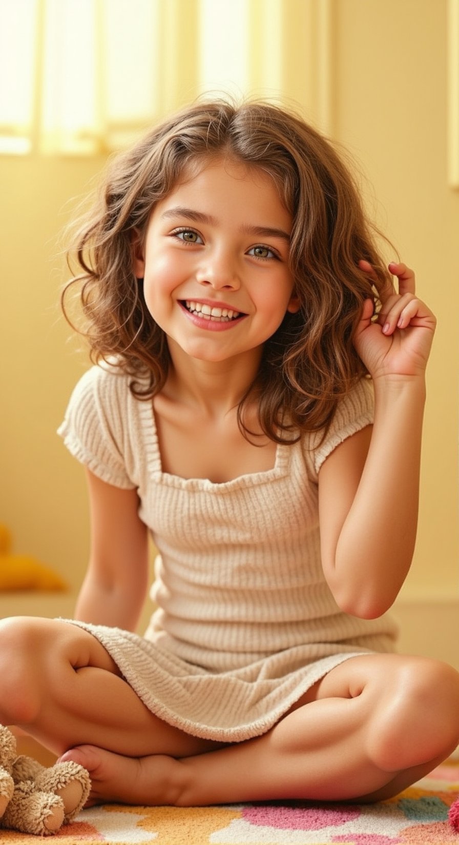 A tween girl posing playfully, her fitted dress accentuating a cheeky charm. Framed against a bright, sunny background with soft, golden lighting casting a warm glow. She sits cross-legged on a colorful rug, one hand holding a stuffed animal, the other playing with her curly locks. A mischievous grin spreads across her face, and her eyes sparkle with youthful energy.