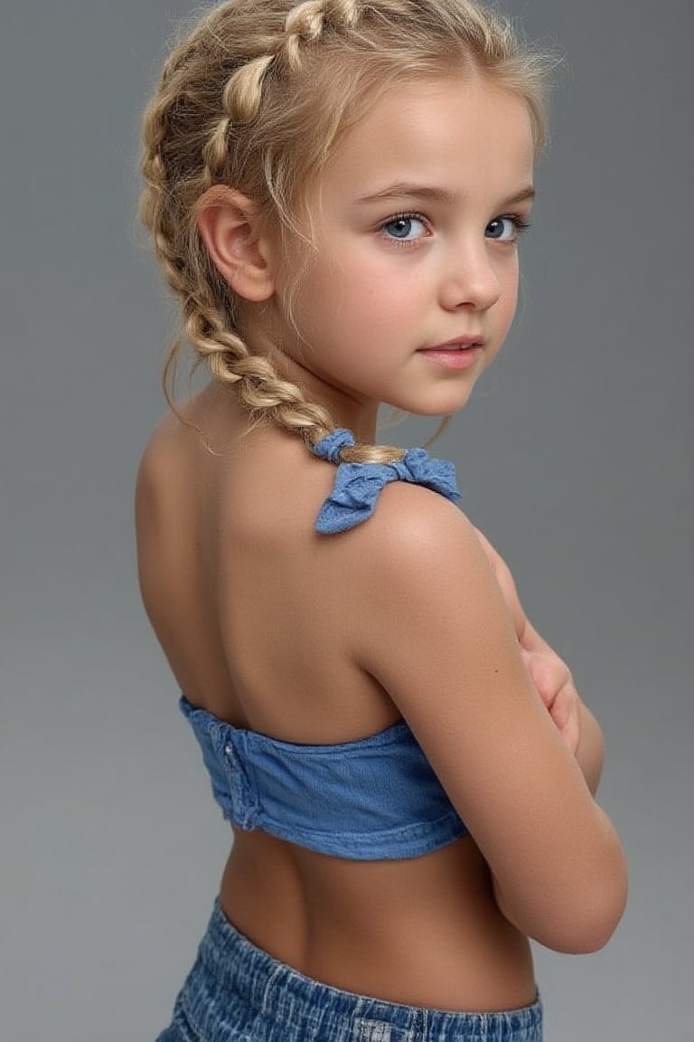 young br1tn3y girl, blond hair braided. standing looking back, portrait, 