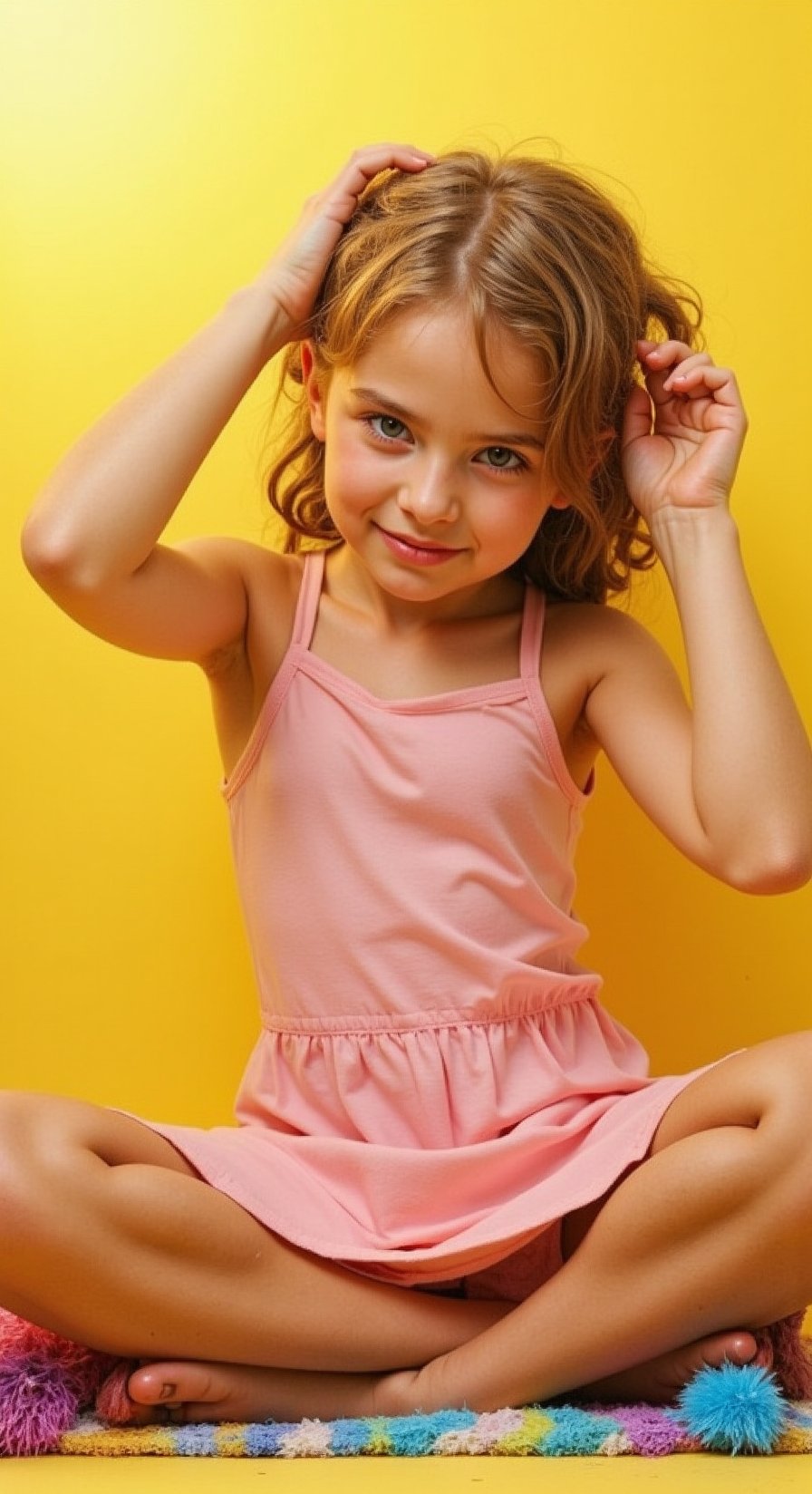 A tween girl posing playfully, her fitted dress accentuating a cheeky charm. Framed against a bright, sunny background with soft, golden lighting casting a warm glow. She sits cross-legged on a colorful rug, one hand holding a stuffed animal, the other playing with her curly locks. A mischievous grin spreads across her face, and her eyes sparkle with youthful energy.