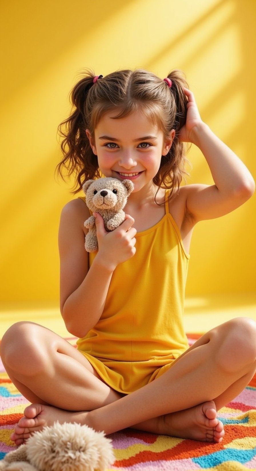 A tween girl posing playfully, her fitted dress accentuating a cheeky charm. Framed against a bright, sunny background with soft, golden lighting casting a warm glow. She sits cross-legged on a colorful rug, one hand holding a stuffed animal, the other playing with her curly locks. A mischievous grin spreads across her face, and her eyes sparkle with youthful energy.