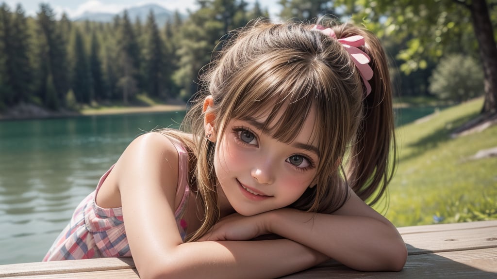 masterpiece, best quality, photorealistic, raw photo, cute tween child, beautiful young tween girl, Preteen girls, realistic face, high-resolution, realistic style,8k, detailed face, perfect face, Smiling widely, 
colour contact lenses, perfect skin, looking at the viewer, bending down, bent over a picnic table, earrings, hair ribbon, hair ornament, A mix of Brown and Blonde hair with a ponytail,  Blunt bangs, bright colourful outdoor lake, from front, little_cute_girl, 7yo, tween,