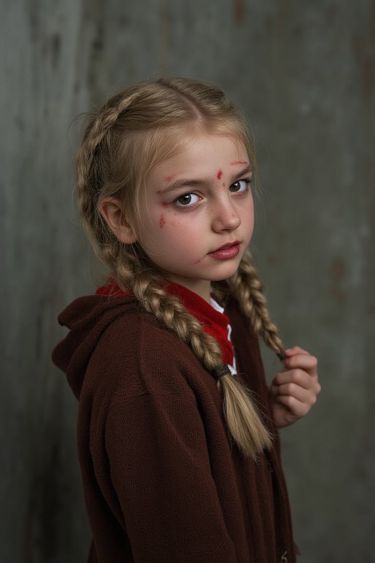 HALLOWEEN MAKEUP, young br1tn3y girl, blond hair braided. standing looking back, portrait, She is wearing Halloween-themed clothing and makeup and looks scary, She pulls a scary face to the viewer.