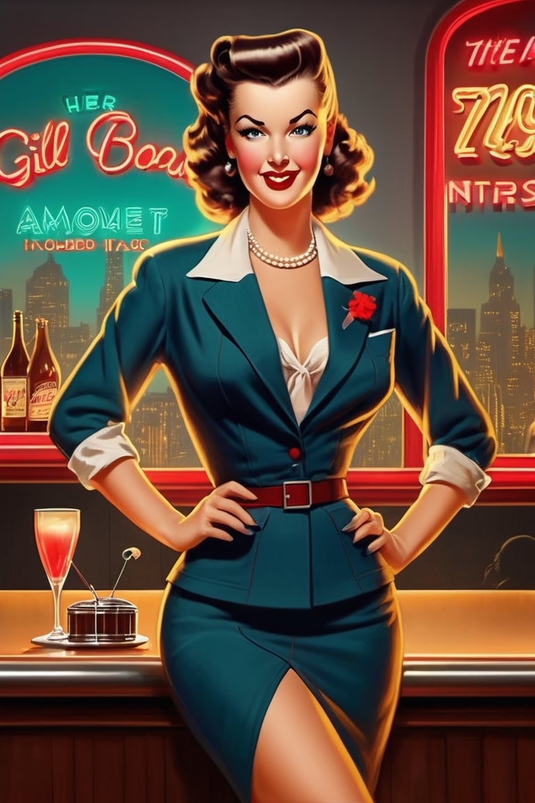 Create a captivating pinup illustration in the style of the 1940s. Picture a pinup girl striking a confident pose,  emphas...