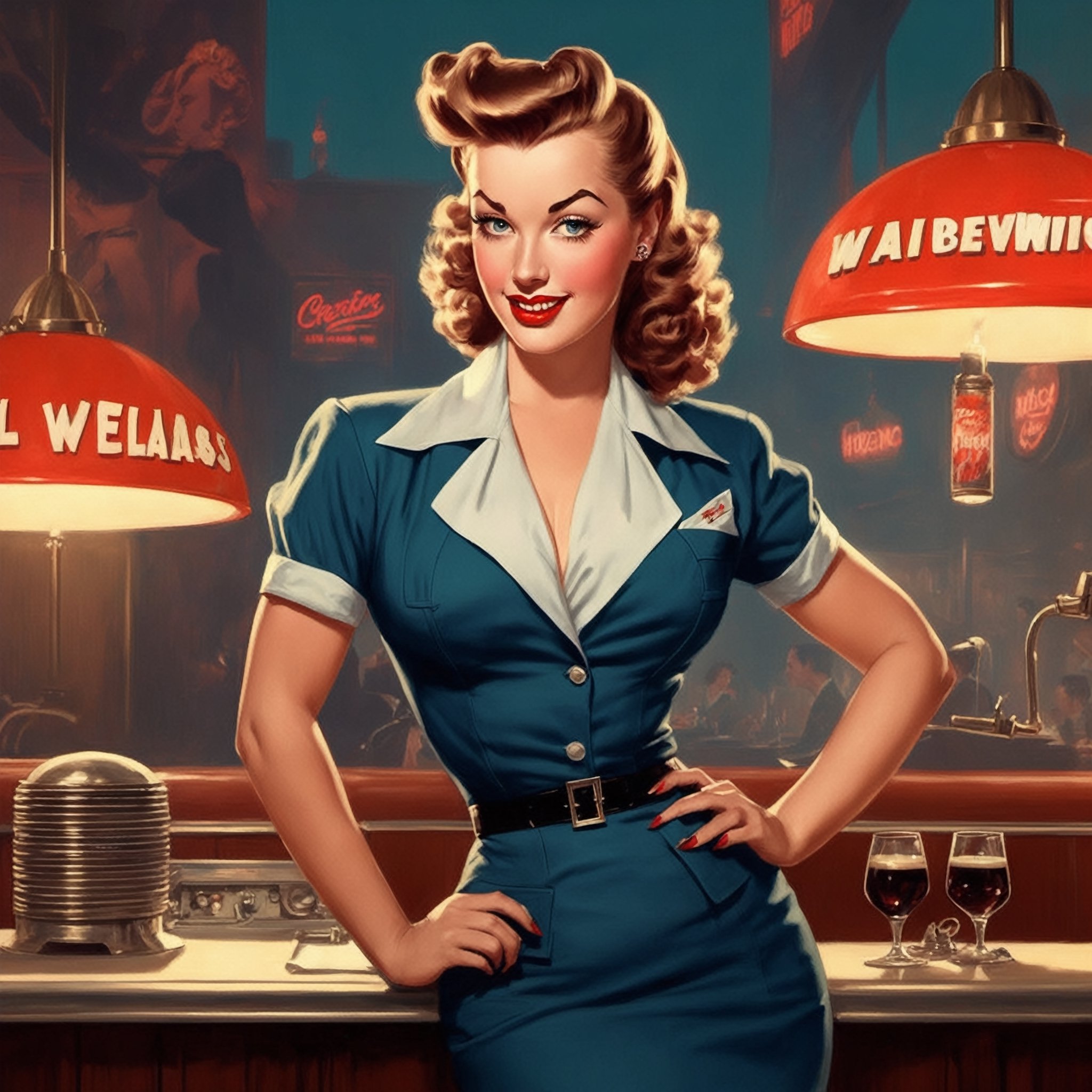 Pinup-style artwork. Create a captivating pinup illustration in the style of the 1940s. Picture a pinup girl striking a co...