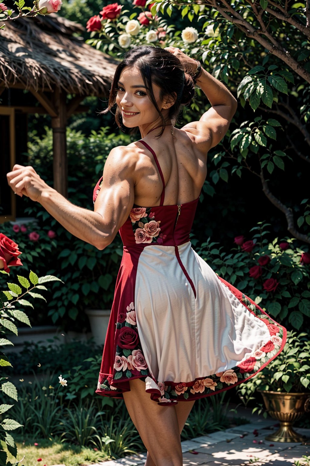 A vibrant image of a muscular woman gracefully dancing in a lush garden filled with blooming roses. The scene captures her in mid-twirl, her dress flowing with the motion, under a soft, warm sunlight that highlights the vibrant red petals and her joyful expression. Her sexy athletic curves are clearly visible through the dress. Photo from behind. The composition frames her amidst the dense floral backdrop, emphasizing the harmony between her lively dance and the serene, natural beauty of the roses.