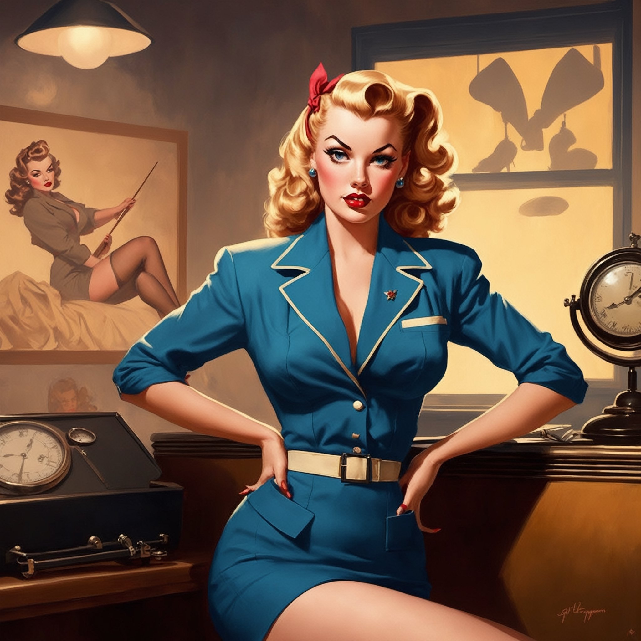 Pinup-style artwork. Create a captivating pinup illustration in the style of the 1940s. Picture a pinup girl striking a co...