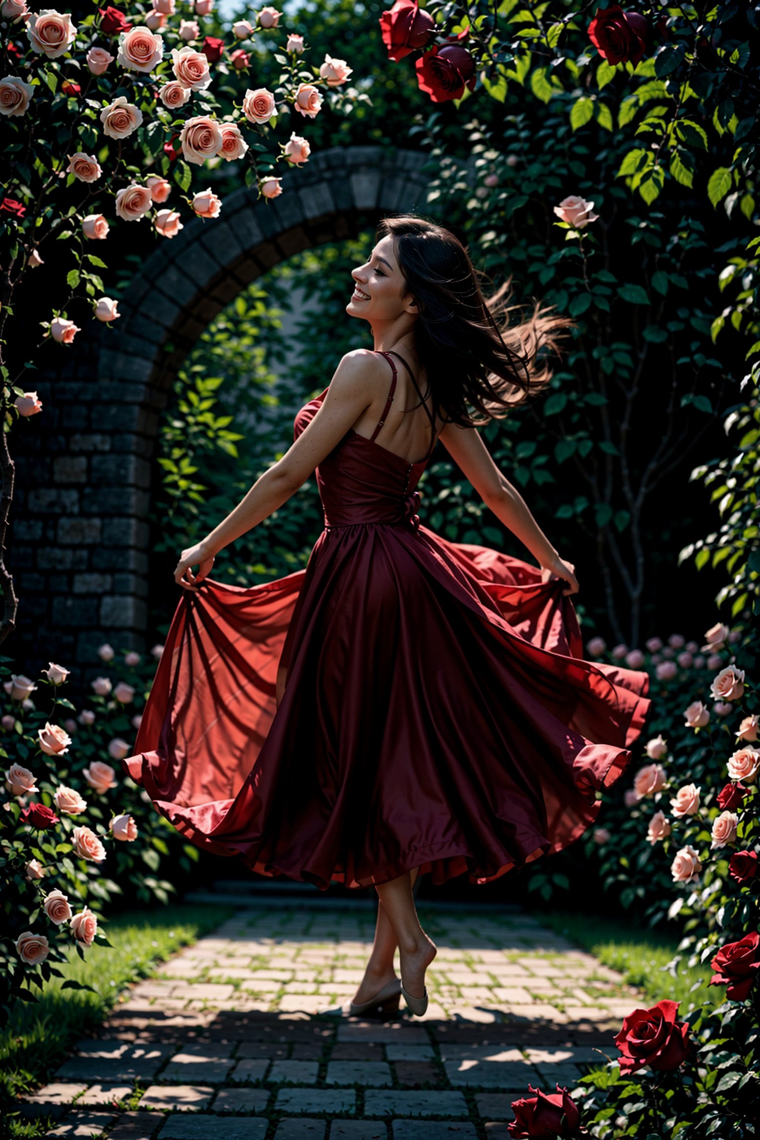 A vibrant image of a woman gracefully dancing in a lush garden filled with blooming roses. The scene captures her in mid-twirl, her dress flowing with the motion, under a soft, warm sunlight that highlights the vibrant red petals and her joyful expression. The composition frames her amidst the dense floral backdrop, emphasizing the harmony between her lively dance and the serene, natural beauty of the roses.