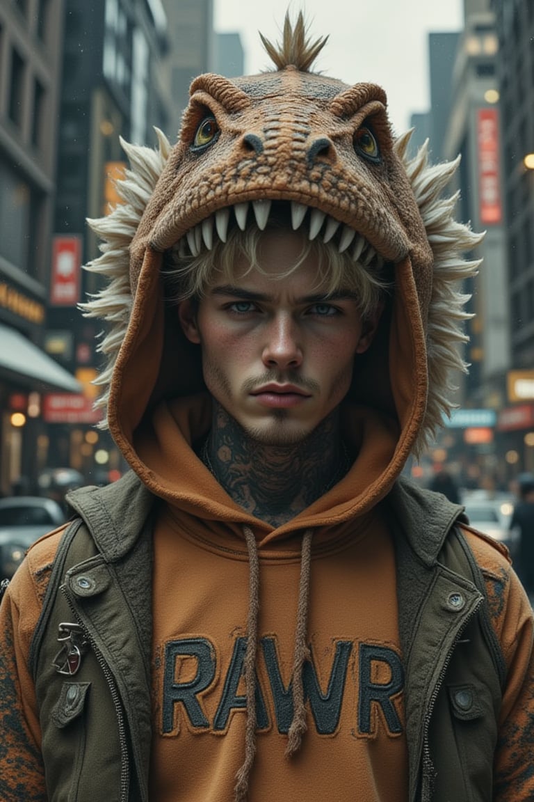 
Here’s the refined prompt with the T-rex part of the hoodie looking like a plush toy:

"A cinematic scene of a young man in his 20s with blonde hair, blue eyes, stubble, and visible tattoos standing in the middle of a bustling city street. He is wearing a playful hoodie with a hood designed to resemble a soft, plush T-rex head, complete with cute, rounded teeth and soft spines along the top, giving it a toy-like, non-threatening appearance. The word 'RAWR' is written prominently on the front of the hoodie in a fun font. The busy urban street is filled with cars, pedestrians, and tall buildings. Dramatic lighting emphasizes the man’s intense expression, his stubble, and the detailed tattoos on his neck and hands, creating a contrast between his rugged look and the playful, plush design of the T-rex hoodie."