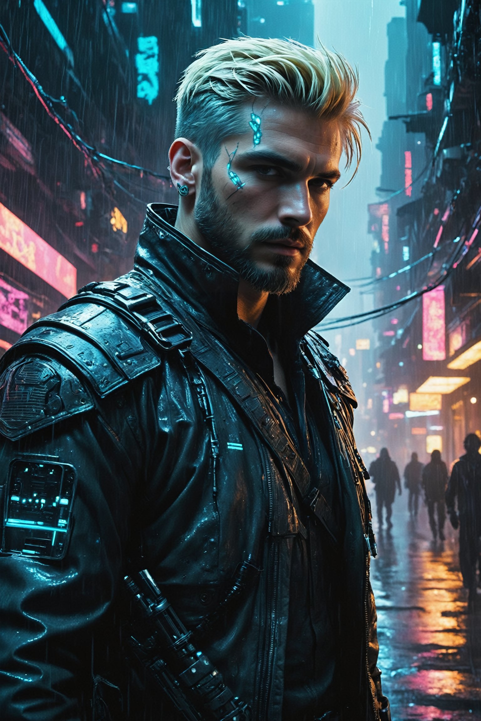 In the cyberpunk dystopia, envision a hyper-realistic upper body portrait of Hook, the enigmatic captain navigating the neon-lit, rain-soaked alleys of a sprawling metropolis. , betraying a history of battles in the data-driven underworld. Augmented with intricate neural interfaces, his weathered face bears the scars of both physical and digital combat. Strands of bioluminescent tattoos weave through his cyber-enhanced skin, a testament to the fusion of man and machine. With the city's chaotic energy as a backdrop, this 3D-generated masterpiece encapsulates Hook's gritty resilience, embodying the essence of a cybernetic sea captain in a world veiled in perpetual dusk. he is holding a gun in each hand, short blonde hair, 