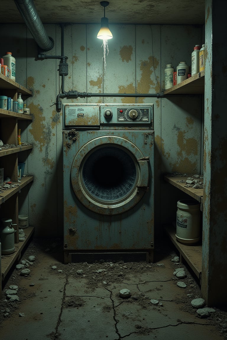 The laundry room is in a state of decay,  forgotten by time and nature. The walls are peeling,  once-white paint curling i...