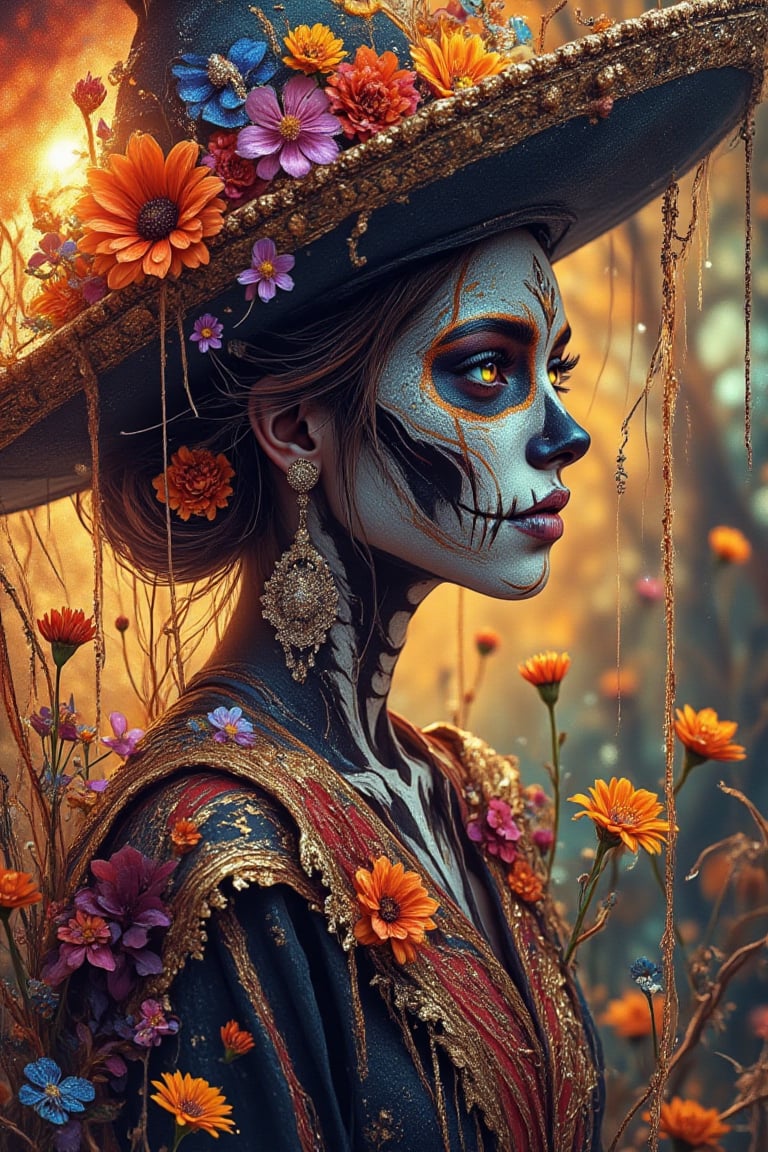 In a brilliant and dreamlike celebration of color, a woman adorned in traditional Día de los Muertos face paint stands amidst a cascade of vibrant flowers, embodying the spirit of the Day of the Dead. Her face is painted in an intricate sugar skull style with bold colors: deep blue eye sockets, sharp orange accents that sweep over her brows, and a carefully detailed black nose and mouth. Her lips are painted with skeletal teeth, extending in delicate lines that give her a joyful yet haunting smile. Above her brows, small floral motifs and dots accentuate her gaze, drawing attention to her serene, almost introspective expression.

A wide-brimmed, black sombrero frames her face, almost hidden by a profusion of flowers in vivid shades of red, orange, purple, and blue. These flowers spill over the brim and cascade down around her shoulders, creating a sense of blooming life that celebrates remembrance and renewal. The flowers appear to move with her, merging her with the natural world, as if she herself is an extension of the blossoms. Petals and stems intertwine in her hair and adorn her earrings, giving her a vibrant, earthy beauty that contrasts with her painted visage of death.

Behind her, the background is a burst of warm, fiery colors—a mix of rich oranges, yellows, and golds that resemble a sunset sky ablaze with light. The background seems almost like a watercolor painting, blending and blurring around her to create an ethereal, timeless atmosphere, as if she exists in a dream or another realm. Soft, warm light illuminates her from behind, casting her in an otherworldly glow and heightening the vibrant colors of her floral adornments, making her appear like a deity of the harvest or a guardian of the spirit world.

Surrounding her are more marigolds and daisies, symbols of remembrance and the fragile beauty of life. She seems both grounded and ethereal, a figure of unity between the realms of the living and the dead, celebrating memory, joy, and the cycles of life with grace and tranquility. Her gaze, peaceful and slightly melancholy, captures the essence of the Day of the Dead—a holiday that honors both loss and life, blending reverence with celebration. The scene radiates warmth, love, and an eternal sense of connection, inviting viewers to pause and reflect on the beauty of life’s transience and the enduring power of memory.