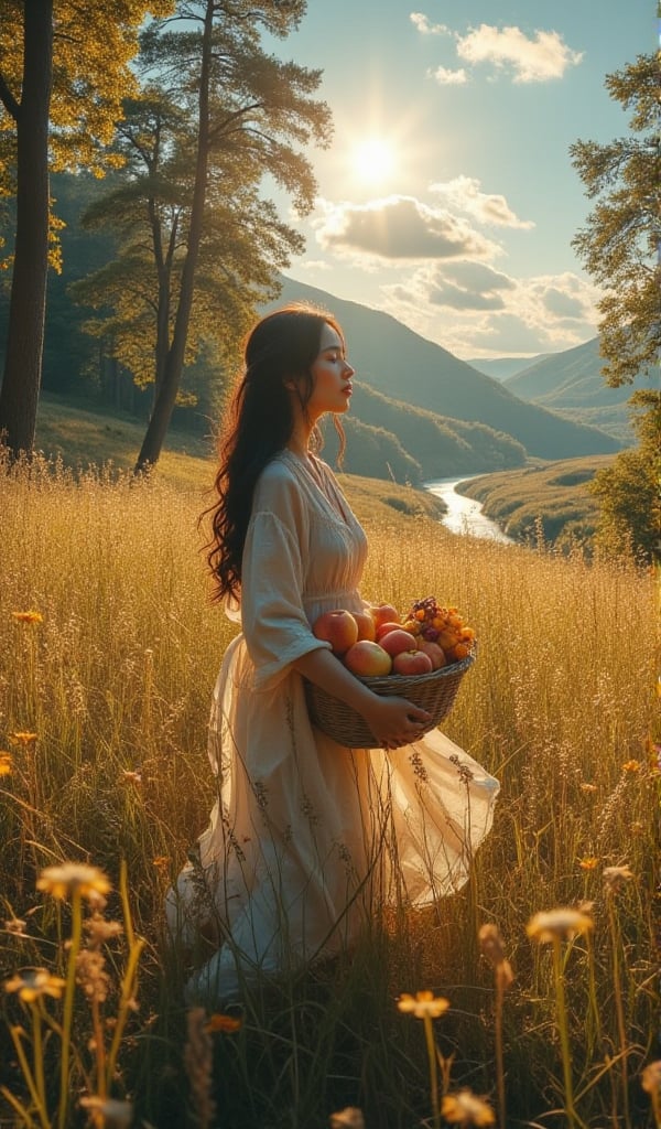 "A beautiful Japanese woman walks gracefully through a golden meadow, her long, flowing black hair catching the light breeze. She wears a soft, flowing dress that moves gently with her steps, and in her arms, she carries a basket brimming with fresh fruit—apples, peaches, and grapes. The warm sunlight bathes the entire meadow in golden hues, making the tall grass around her shimmer. In the distance, tall, majestic trees border the meadow, their leaves glowing in the soft light. Beyond the trees, a beautiful valley stretches out, framed by gently rolling hills and scattered wildflowers, with a river winding through it. The scene is peaceful and serene, beneath a clear blue sky dotted with soft clouds."