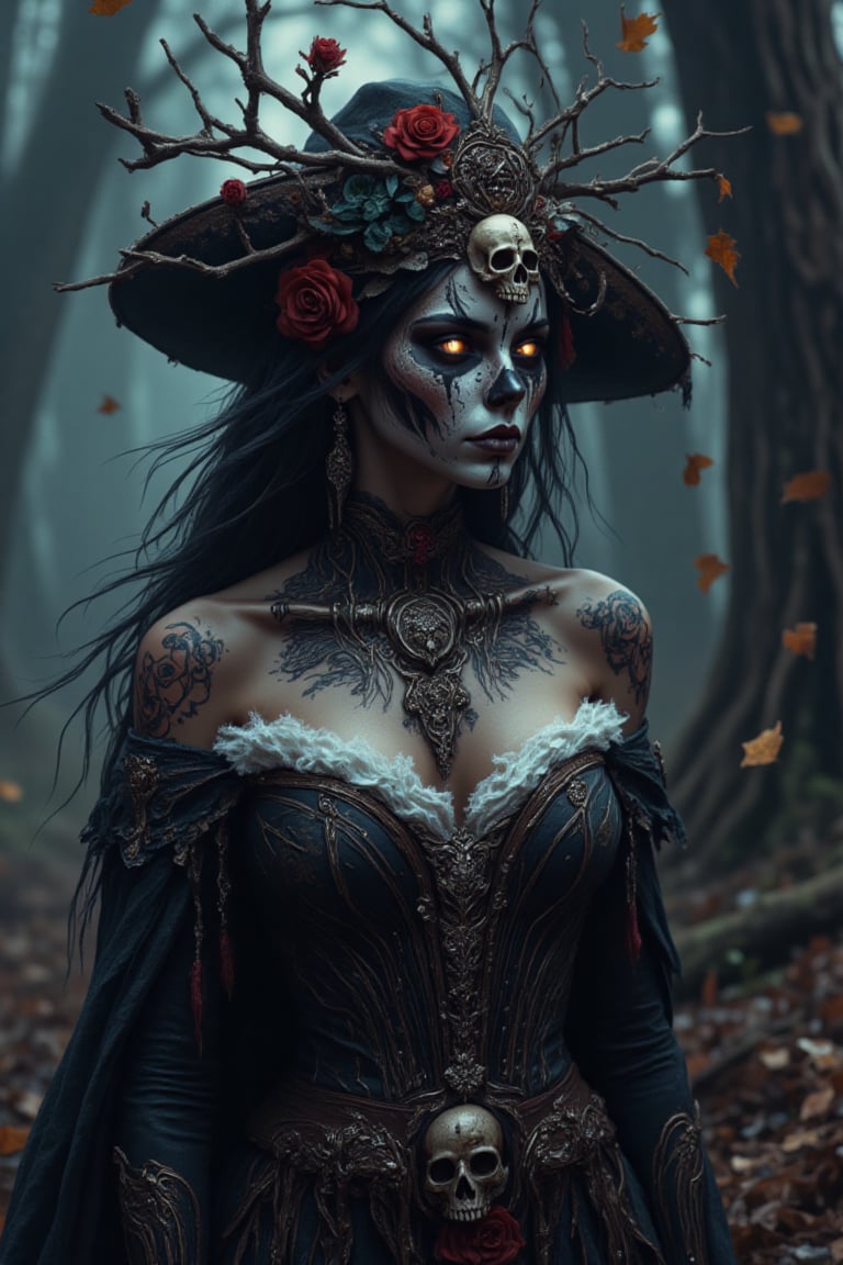 In an eerie, mist-laden forest, a spectral mexican woman stands with an expression that bridges melancholy and defiance, embodying both decay and delicate beauty. Her face is painted in a skeletal, Day of the Dead-inspired style, with hollowed, shadowed eyes, darkened lips extended by painted skeletal lines, and a deeply shaded nose, giving her a ghostly, hollowed look. A delicate spiderweb pattern decorates her forehead, as if woven by ancient spirits. Her gaze, dark and intense, is fixed on something beyond, as if contemplating the mysteries of life and death.

Her head is adorned with a twisted crown of dry branches interwoven with autumn leaves and small animal skulls, each symbolizing the cycle of nature and the inevitability of mortality. Strands of tattered fabric cascade down from her head like a veil, weathered and torn, suggesting a shroud of ancient burial or a connection to the ethereal world. Her long, flowing dark hair mingles with the threads, adding to her haunting allure. Her skin is tattooed with striking imagery—a large, ornate skull encircled by roses on her chest, merging life and death in a floral frame that hints at rebirth amidst decay. On her hand, skeletal tattoos trace the outline of bones, seamlessly blending with her painted visage, transforming her into a living embodiment of the underworld.

The backdrop is a thick, dim fog that blurs the outlines of distant trees, casting the forest in ghostly shades of blue and gray. Dried leaves fall around her, caught in an eternal autumn, with an atmosphere thick with forebodiIn a dark, intense setting, a fierce woman stands in a powerful, defiant pose, embodying both the spirit of Día de los Muertos and a bold warrior of the Old West. Her face is painted in the traditional sugar skull style, with one eye outlined in a dark circle and detailed patterns radiating across her cheek and brow. The black and white face paint contrasts dramatically with her piercing gaze, giving her an aura of mystery and rebellion. A single red rose adorns her black, wide-brimmed sombrero, which is embellished with silver studs that catch the faint light, hinting at her fusion of elegance and danger. Her long, black hair flows behind her, adding a sense of motion and freedom.

Dressed in a corset-like leather vest and rugged, off-shoulder white blouse, she reveals her tattoo-covered arms and back, each design showcasing intricate floral and vine motifs.  Her skirt is a tattered, sheer black fabric that flutters as she moves, enhancing her otherworldly yet fierce appearance. Skulls and deep red roses surround her, both as tattooed symbols on her skin and as physical adornments in her setting, creating a mesmerizing juxtaposition of life, death, and beauty.

The background is cast in a deep, shadowy black, highlighting her figure and the intense red of the roses. These roses, vibrant and almost glowing, represent passion, love, and mortality, contrasting the starkness of the skulls they accompany. She stands as a guardian between worlds, embodying the spirit of vengeance, memory, and honor. Her expression is fierce, daring anyone to challenge her authority, as if she is a ghostly protector of forgotten souls or a vengeful spirit from beyond. The entire scene evokes the essence of a gothic Western mixed with the reverence of Mexican traditions, creating a surreal, timeless warrior who bridges life and death, the past and the present, standing defiant against the darkness.g and reverence. The muted colors and soft shadows surrounding her create a surreal, almost dreamlike quality, while the meticulous details of her tattoos and face paint evoke a sense of reverent artistry, as if each stroke was crafted in homage to the dead.

She is a shamanic figure, a mourner, a guardian of the threshold between the worlds of the living and the dead. Every element of her adornment—from her crown of branches and bones to her veil of decay—tells a story of loss, remembrance, and transformation. She exists in a realm where beauty and horror entwine, where life and death coexist, creating a haunting yet captivating vision of the afterlife. This image serves as a tribute to both mortality and the eternal spirit, inviting viewers into a world where death is not an end, but a passage into the unknown.