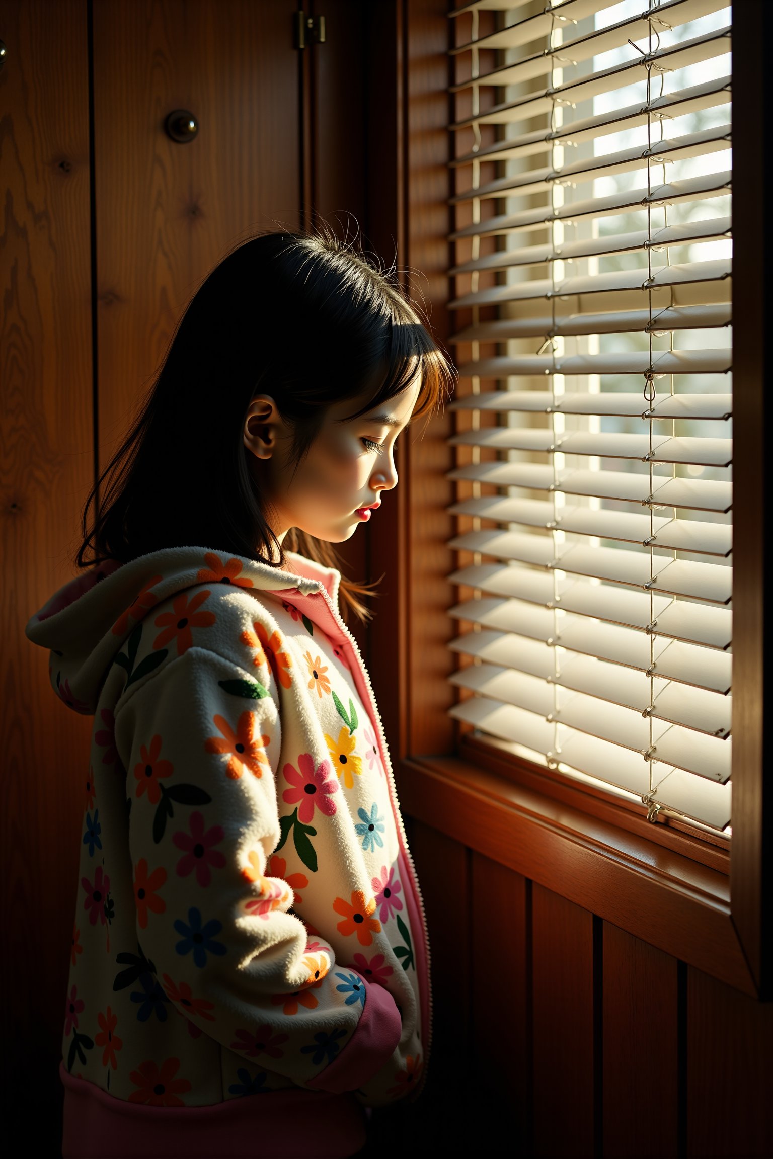 A young girl,  bathed in a soft beam of light,  stands beside a window by Emjay on Tensor.Art